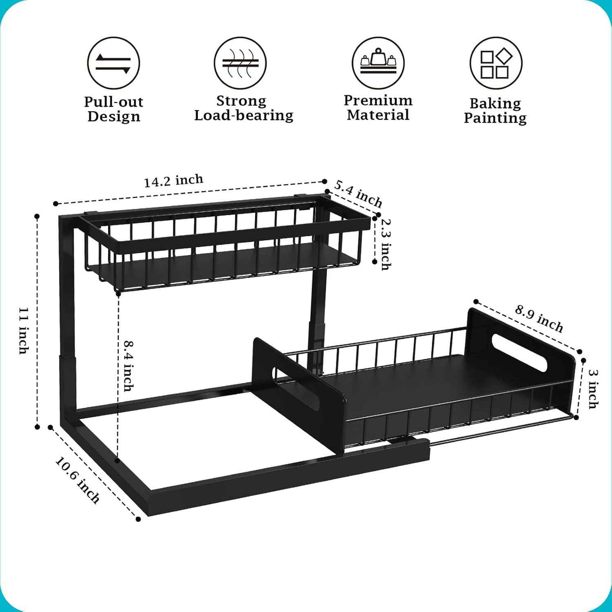 REALINN Black 2-Tier Under Sink Organizer with Pull-Out Cabinet Storage and Slide-Out Shelf, Pack of 1