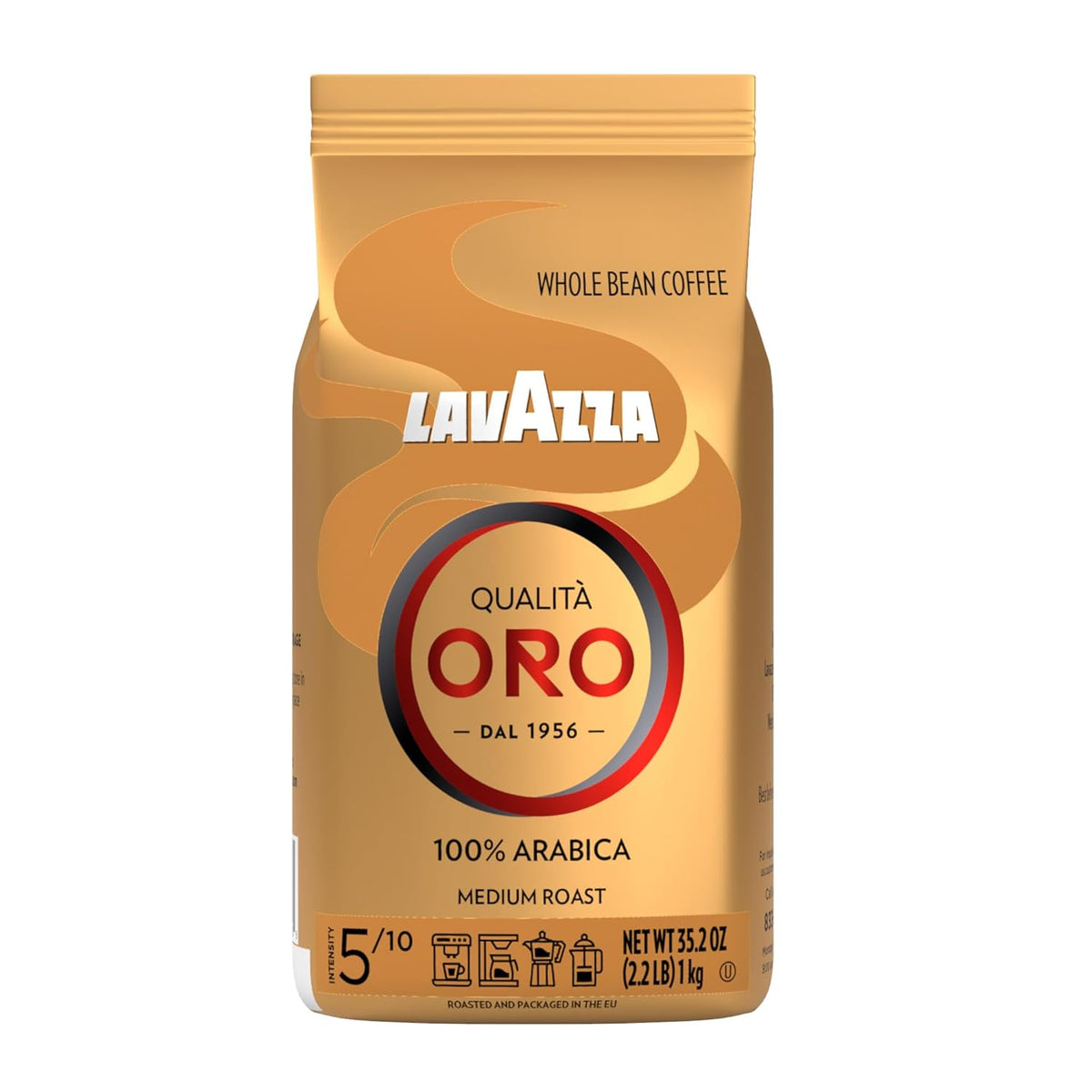 Lavazza Qualità Oro whole bean blend, medium roast, 2.2 pounds, 100% Arabica, Central America & African highland origins, fruity and aromatic