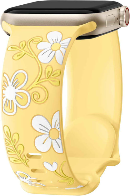 Witzon Floral Band Compatible with Apple Watch Bands For Women 40mm 41mm 38mm 42mm 44mm 45mm 46mm 49mm, Engraved Cute Flower Silicone Dressy Strap for iWatch Series 11 10 9 8 7 6 5 4 3 2 SE Ultra