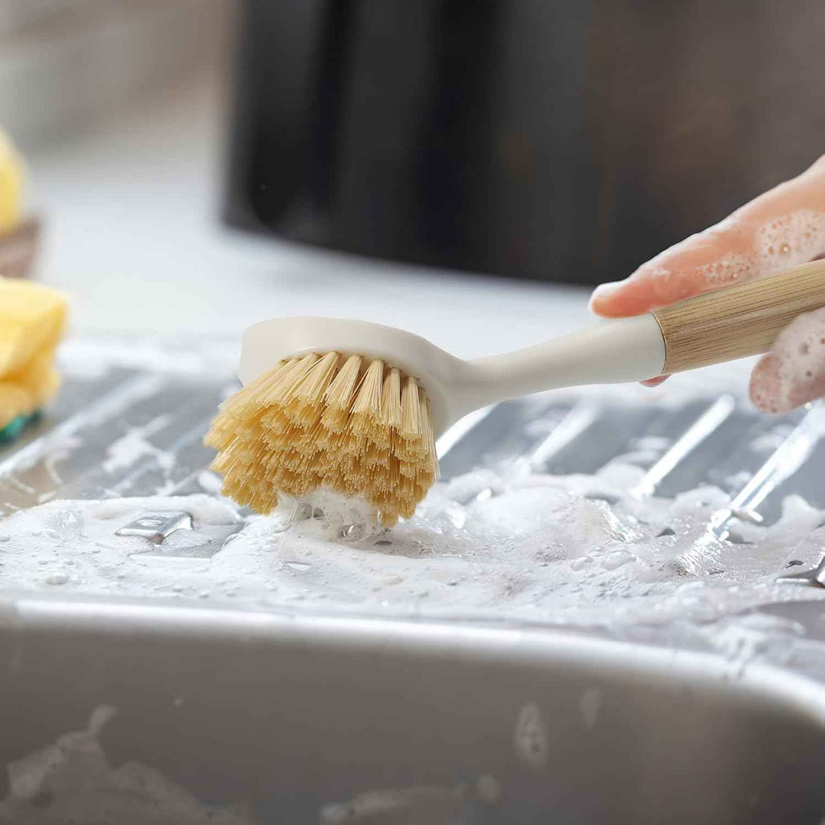 Dish Brush with Built-in Scraper - 4 Pack Bamboo Dish Scrubber Brush with Handle, Kitchen Brushes for Dishes & Pots, Sink, Eco Cleaning Tool Set