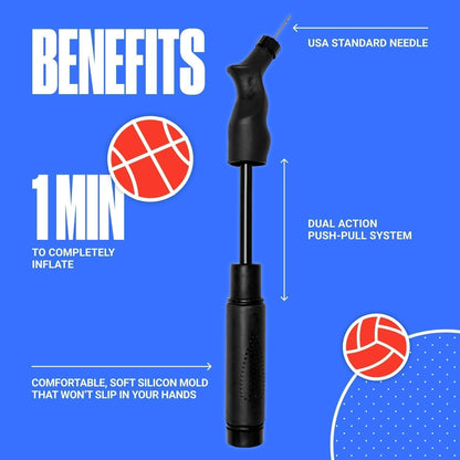 SPORTBIT Ball Pump for Sports Balls - Push & Pull Inflating System - Hand Pump for All Exercise Balls - Volleyball Pump, Basketball Inflator, Football & Soccer Ball Air Pump - Goes with 5 Needles Set
