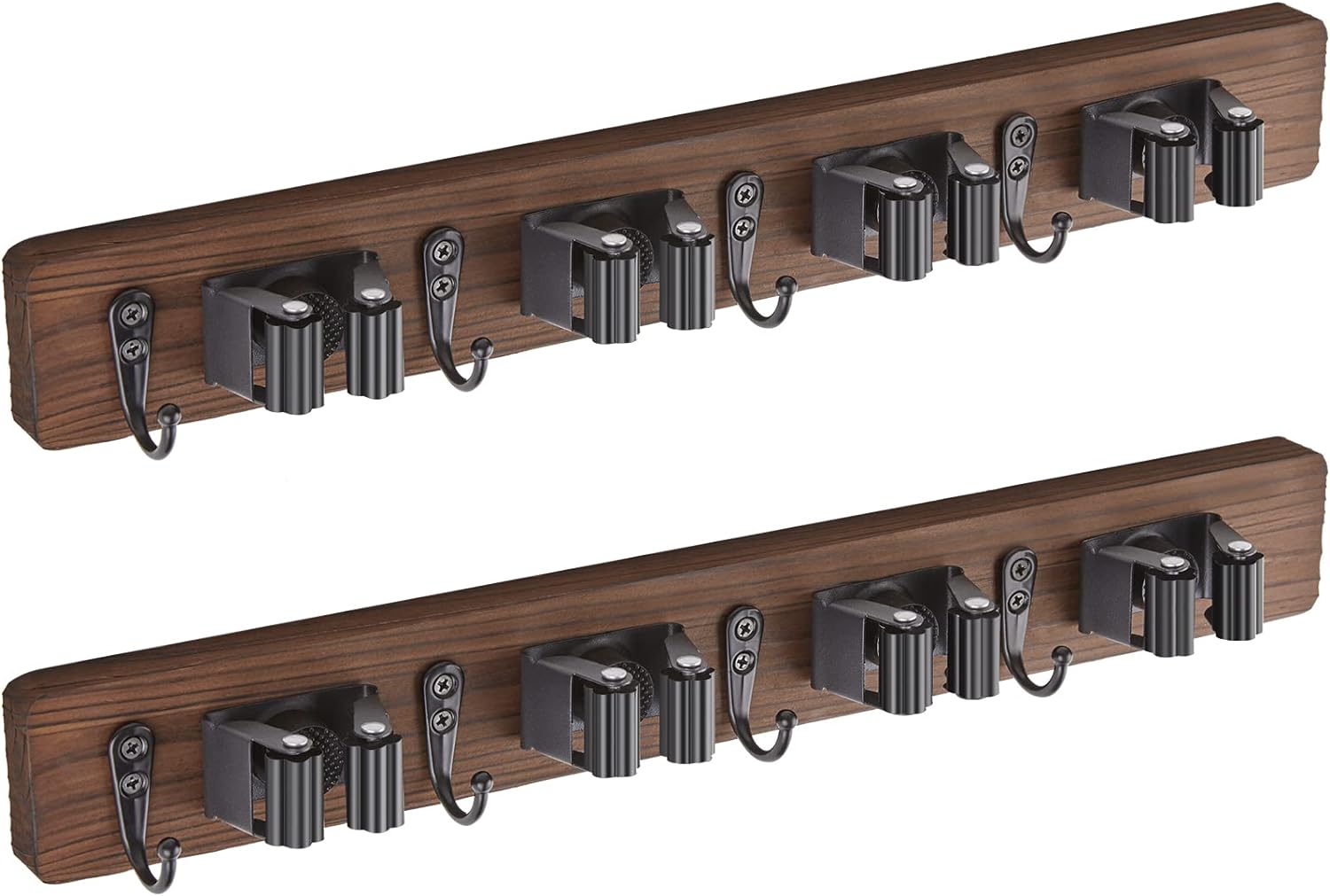 Mop and Broom Holder Wall Mount - Rustic Wood Broom Mop Hanger - Wall Mounted Garden Tool Rack Organizer for Closet Garage Laundry Room Kitchen Decor With 4 Slots & 4 Hooks - Zynora