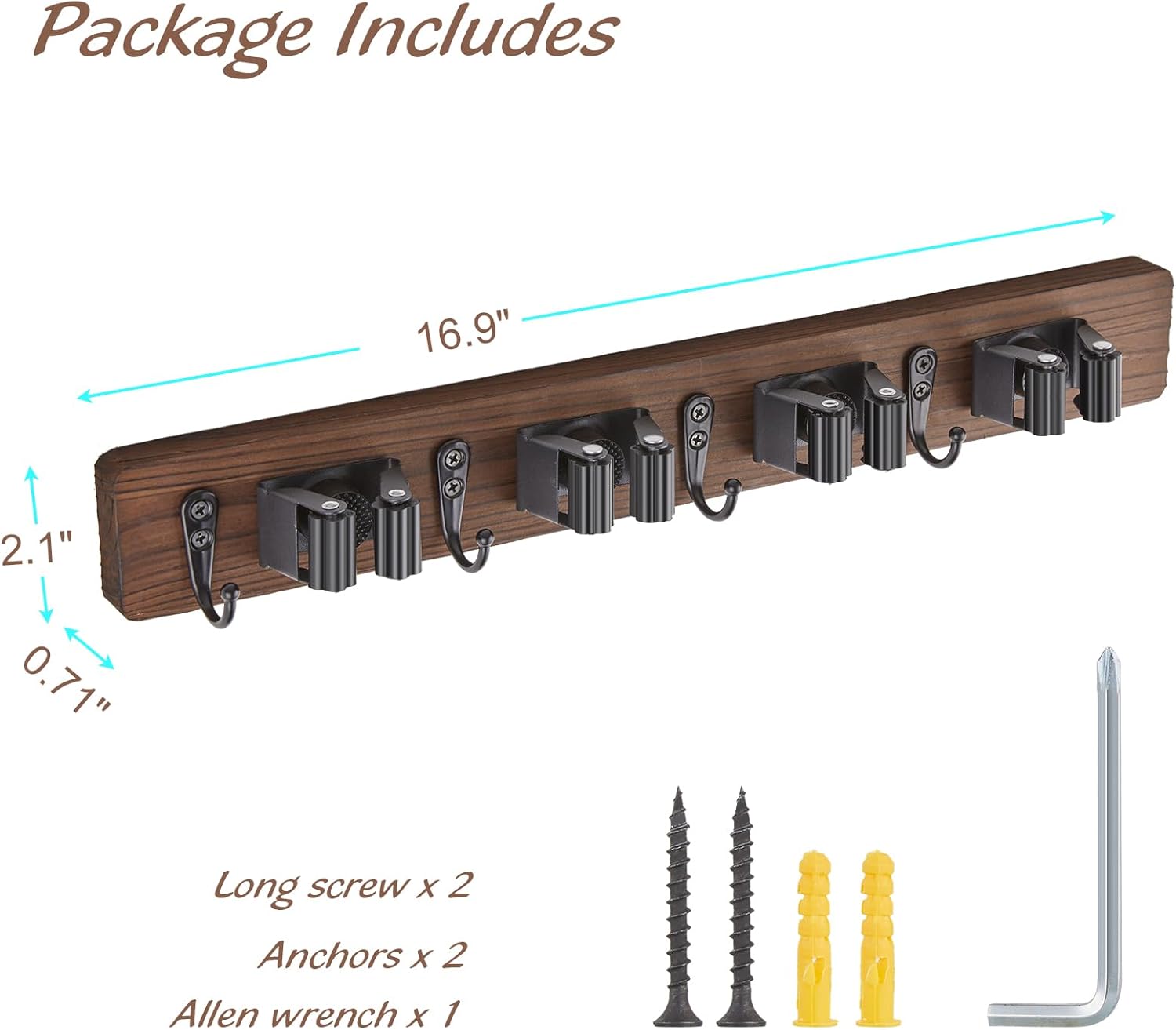 Mop and Broom Holder Wall Mount - Rustic Wood Broom Mop Hanger - Wall Mounted Garden Tool Rack Organizer for Closet Garage Laundry Room Kitchen Decor With 4 Slots & 4 Hooks - Zynora