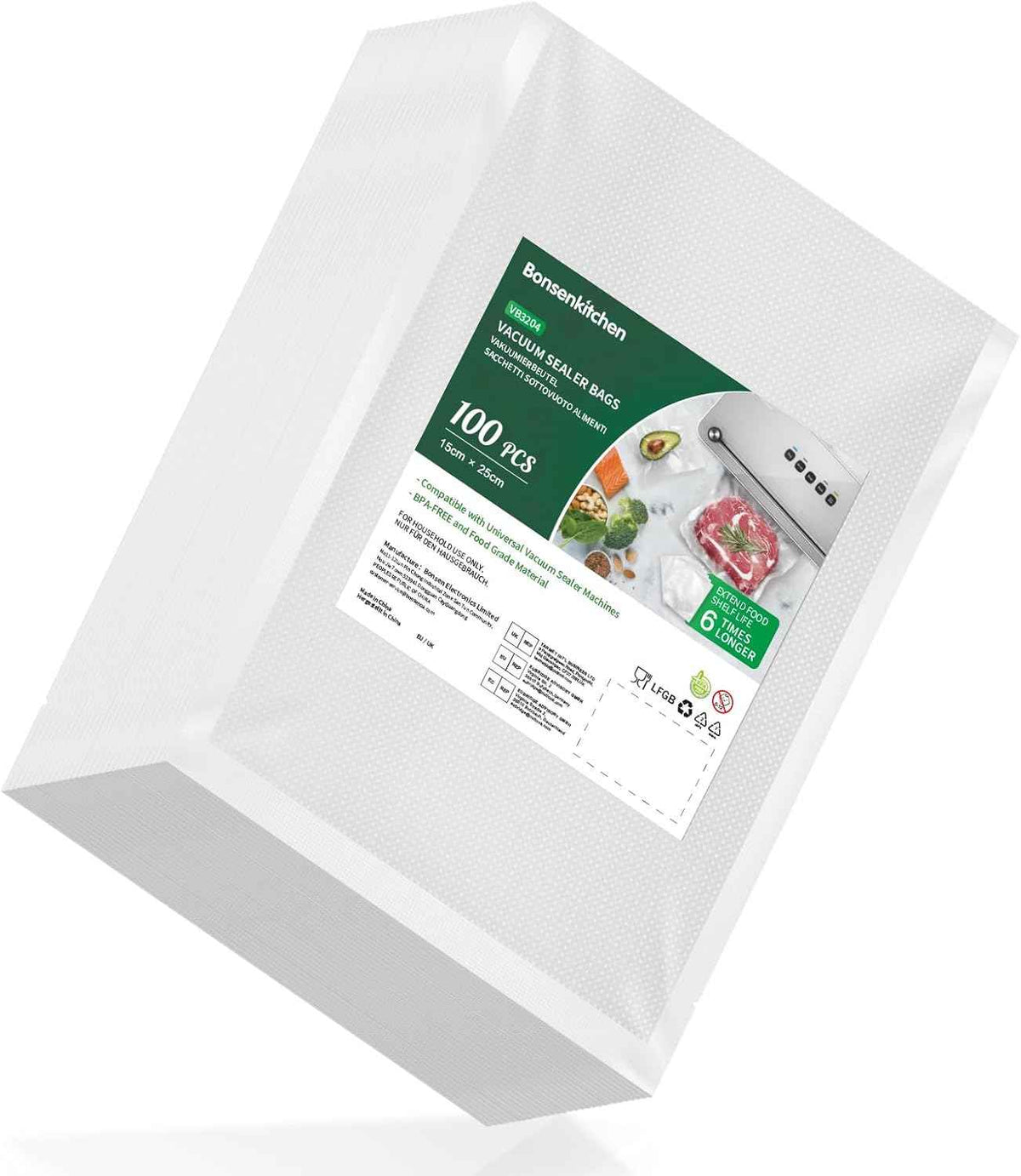 Bonsenkitchen Vacuum Sealer Bags, 50 Quart 8" x 12" Precut Food Sealer Bags, Commercial Grade, BPA Free, Heavy Duty, Customized Size Vacuum Bags for Vac Storage, Meal Prep or Sous Vide Cooking, VB12