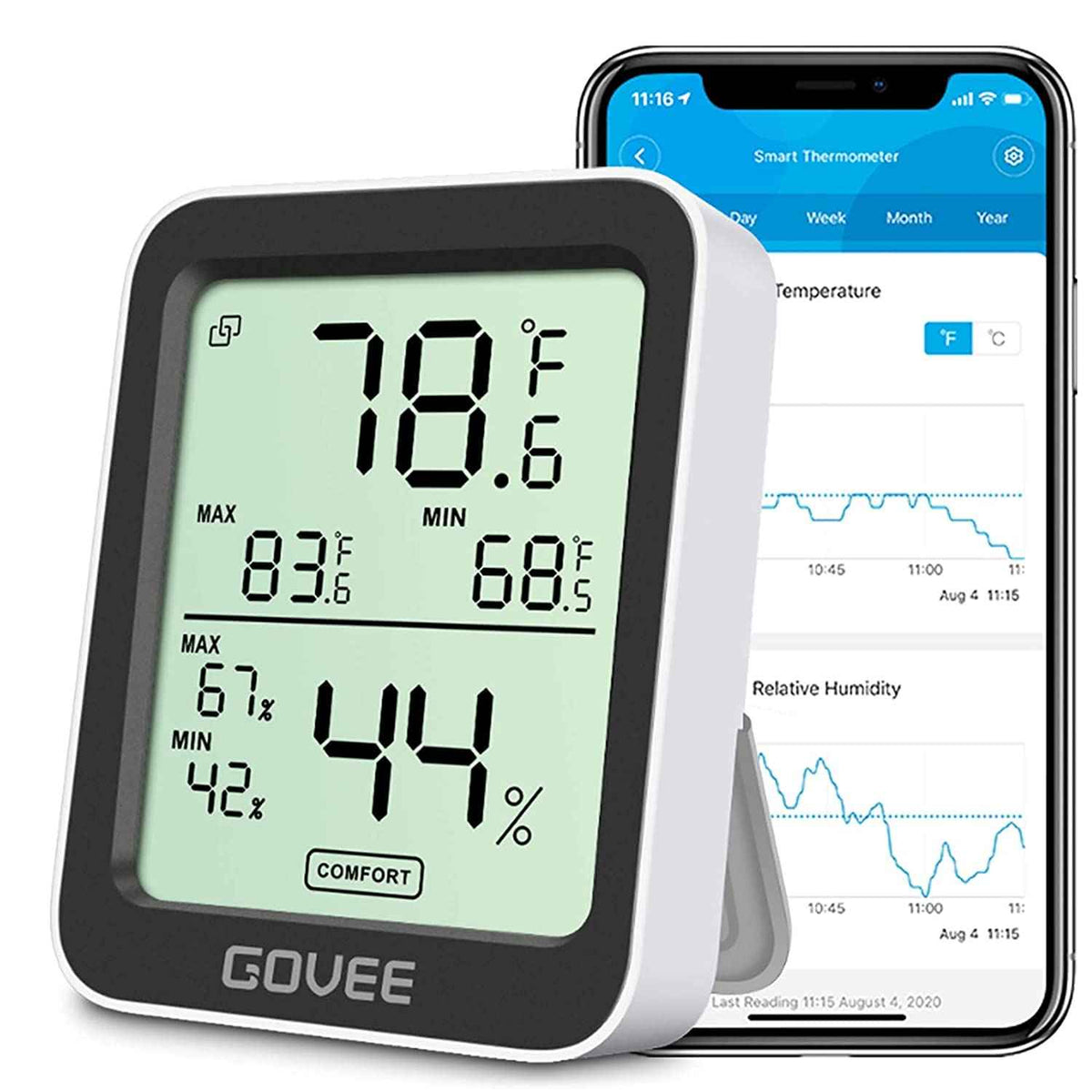 Govee H5075 digital hygrometer indoor thermometer with 164ft remote app control and notification alerts