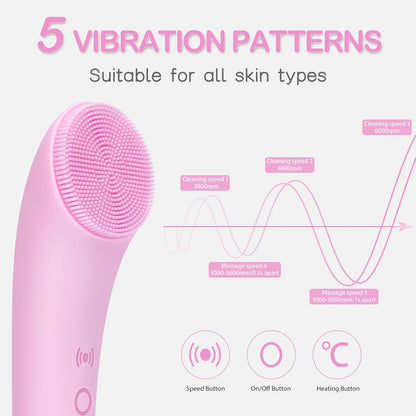 PRITECH Facial Cleansing Brush, Rechargeable Silicone Face Scrubber with Heat Massage End, Vibrating Exfoliator Scrubber for Deep Cleaning, Waterproof Face Brush for Women and Men (Pink)