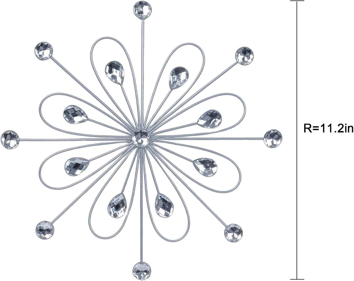 hogardeck Metal Flower Wall Decor, 11inch Silver Metal Jeweled Wall Art Bling Crystal Home Décor, Sun Burst Rhinestone Wall Hanging Diamond Accents for for Indoor, Outdoor, Living Room, Bedroom
