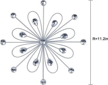 hogardeck Metal Flower Wall Decor, 11inch Silver Metal Jeweled Wall Art Bling Crystal Home Décor, Sun Burst Rhinestone Wall Hanging Diamond Accents for for Indoor, Outdoor, Living Room, Bedroom