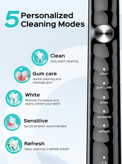 COSLUS Sonic Electric Toothbrush for Adults: 47000 VPM for Deep Cleaning & Whitening with Travel Case - 5 Modes for Sensitive Teeth & Braces, Wireless Charging, 6 Brush Heads for Home Family, Black