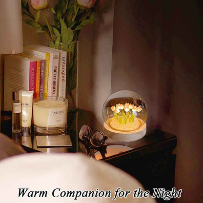 Flower night light with 10 led tulip, 3.93 inch glass cover, wooden base and usb plug for home decor
