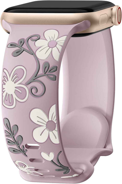 Witzon Floral Band Compatible with Apple Watch Bands For Women 40mm 41mm 38mm 42mm 44mm 45mm 46mm 49mm, Engraved Cute Flower Silicone Dressy Strap for iWatch Series 11 10 9 8 7 6 5 4 3 2 SE Ultra