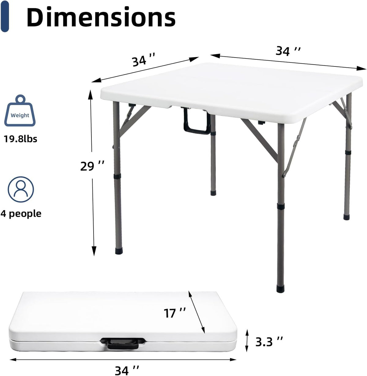 34" Square Folding Card Table, Fold-in-Half Utility Dining Portable Table Heavy Duty HDPE White Plastic Foldable with Carrying Handle Indoor Outdoor for Picnic, Camping, Party