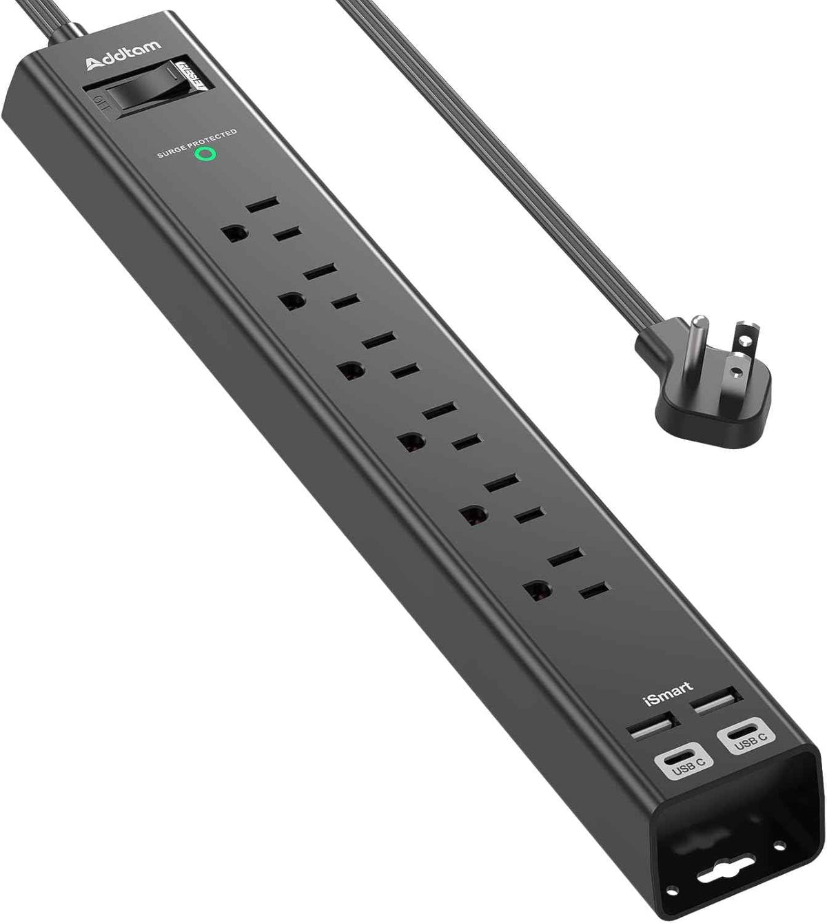 Surge Protector Power Strip - Extension Cord with Addtam 6 AC Outlets 4 USB (2 USB-C Ports), 1875W/15A, Flat Plug with Overload Surge Protection, Outlet Extender for Home Office Dorm Room Essentials