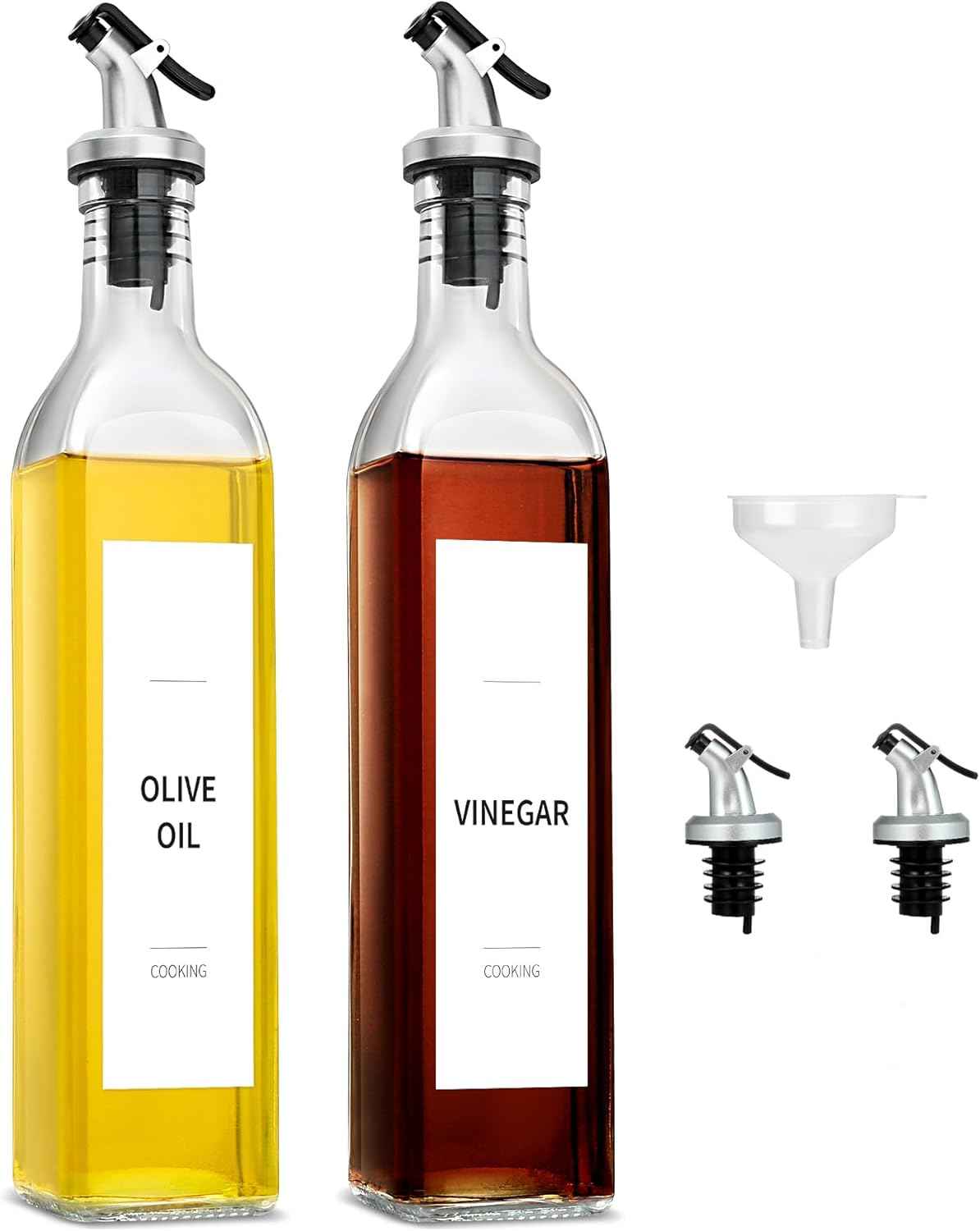 GMISUN Olive Oil Dispenser for Kitchen, 4 Pack 17 fl oz Glass Oil Dispensers Bottle, Cooking Soy Sauce Bottle Container Cruet with Plastic Pourer Spout, Funnel and Labels, Clear