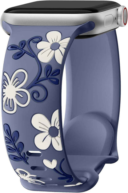 Witzon Floral Band Compatible with Apple Watch Bands For Women 40mm 41mm 38mm 42mm 44mm 45mm 46mm 49mm, Engraved Cute Flower Silicone Dressy Strap for iWatch Series 11 10 9 8 7 6 5 4 3 2 SE Ultra