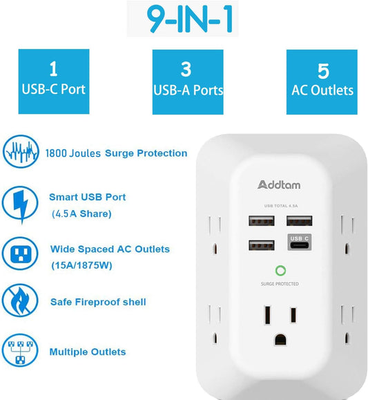 Addtam Surge Protector 5 Outlet Extender with 4 USB Ports & USB C