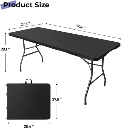 Folding Table 6ft Portable Heavy Duty Plastic Fold-in-Half 6 Foot Foldable Table Utility Dining Indoor Outdoor with Carrying Handle for Camping Picnic and Party, Black