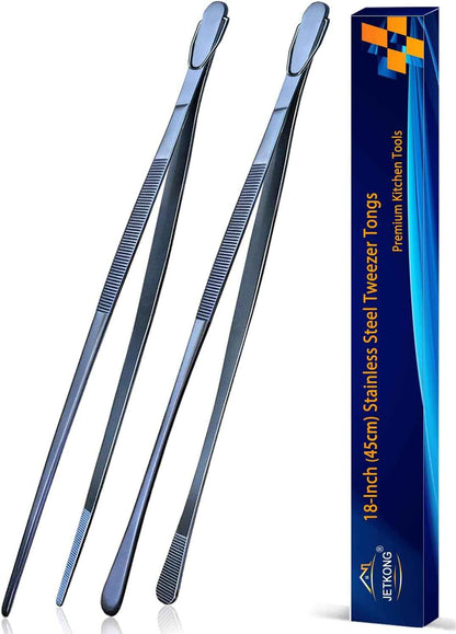 JETKONG 2 Pcs 12-Inch Kitchen Tweezers Fine Tweezer Tongs, Extra-Long Stainless Steel Cooking Tweezers (Silver)