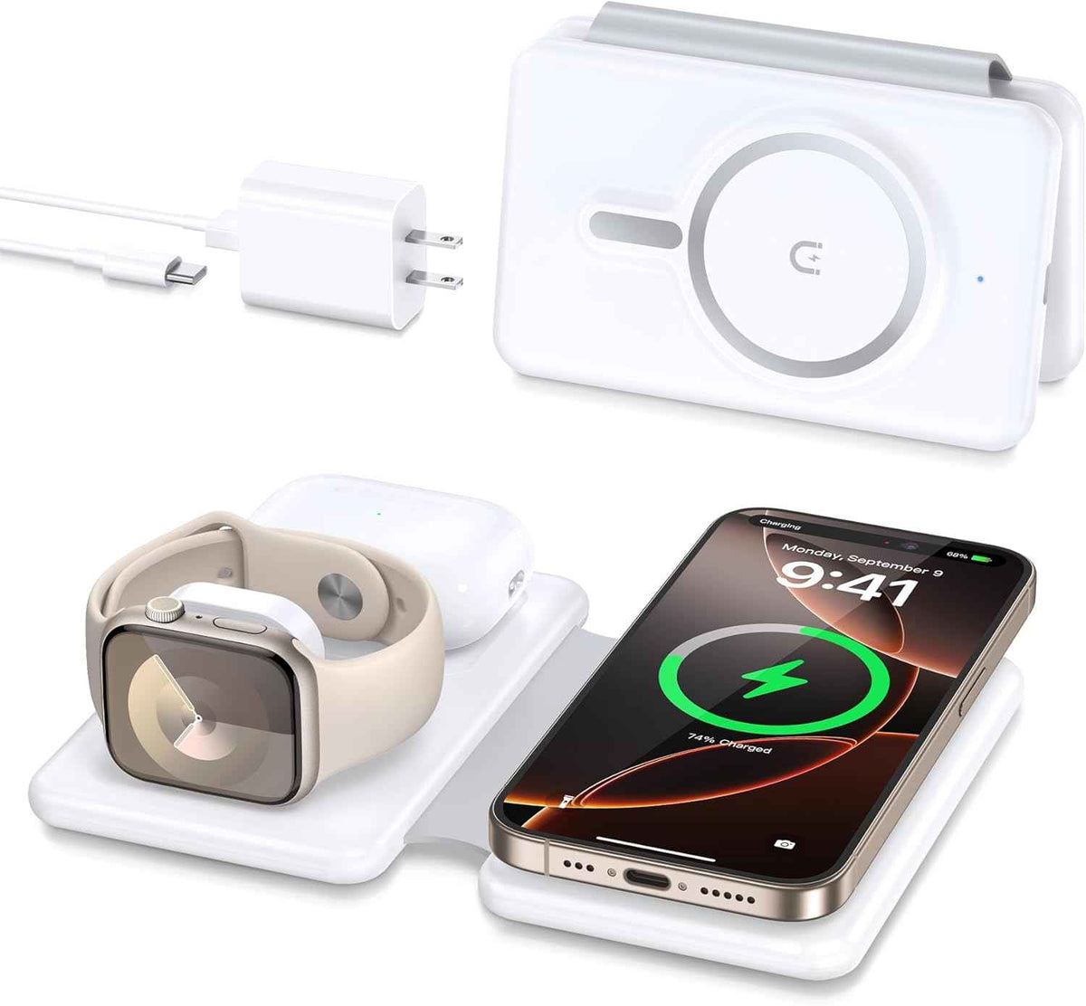 Magnetic Wireless Charger for iPhone: 3 in 1 Travel Charging Station for Apple Devices for iPhone 17 Air 16 15 14 13 12 Pro Max Plus - Foldable Charging Pad for Apple Watch Series & Airpods 4 3 2 Pro