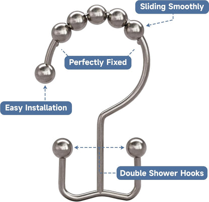 Titanker Shower Curtain Hooks Rings, Rust Resistant Metal Double Glide Shower Hooks Rings for Bathroom Shower Rods Curtains, Set of 12 Hooks - Nickel