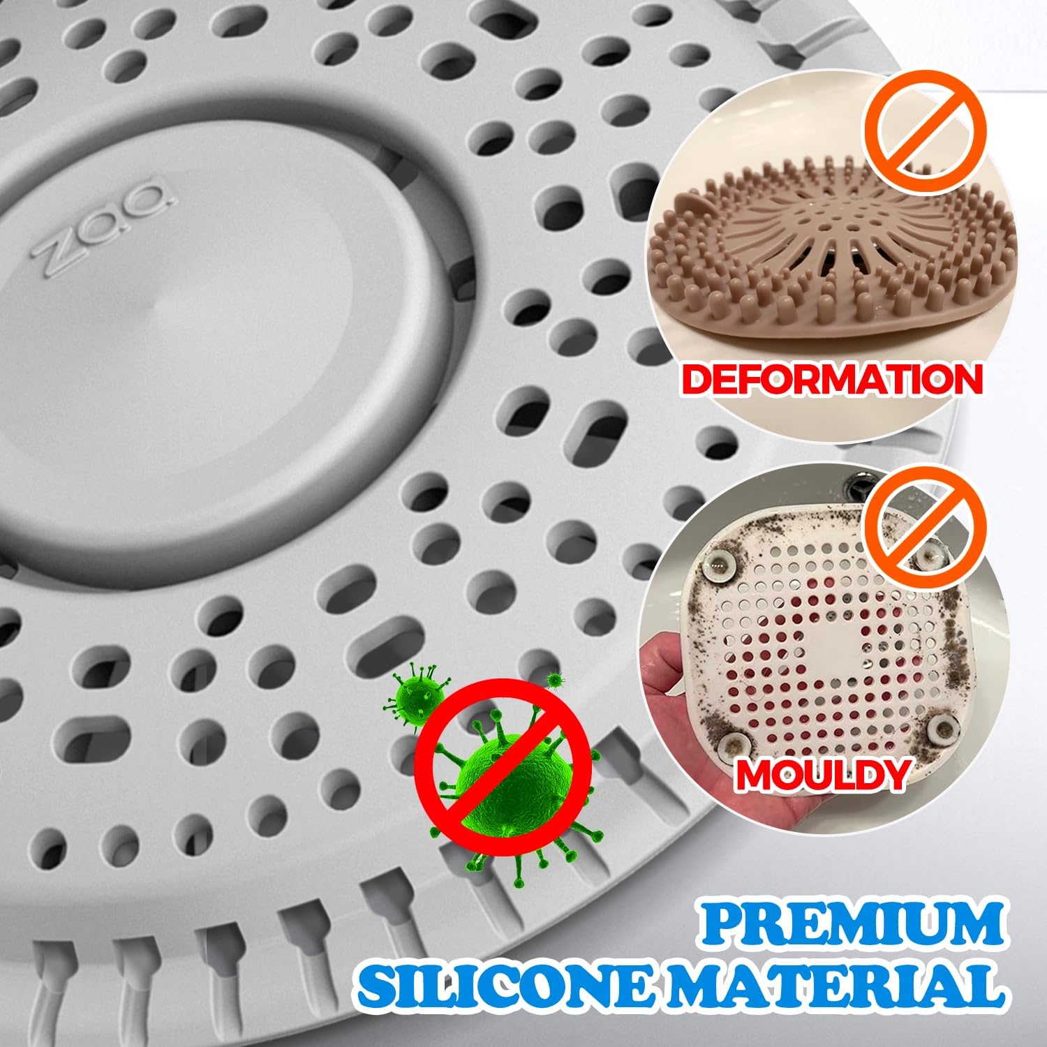 zaa Shower Drain Hair Catcher, 2 Pack Premium Silicone Drain Protector & Shower Drain Cover, Shower Installation Kits for Flat Drains of Shower Room, Bathroom, Gray