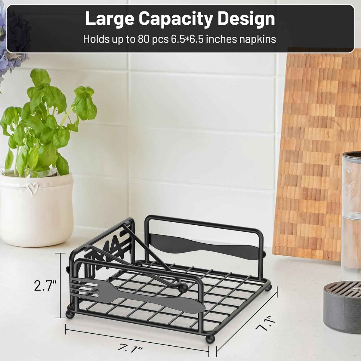 Napkin Holder for Table, Flat Napkin Dispenser with Weighted Arm, Square Cocktail Paper Holder of Elegant Rustic Iron for Kitchen Dining Room Decor Restaurant Farmhouse Hotel Party, Black