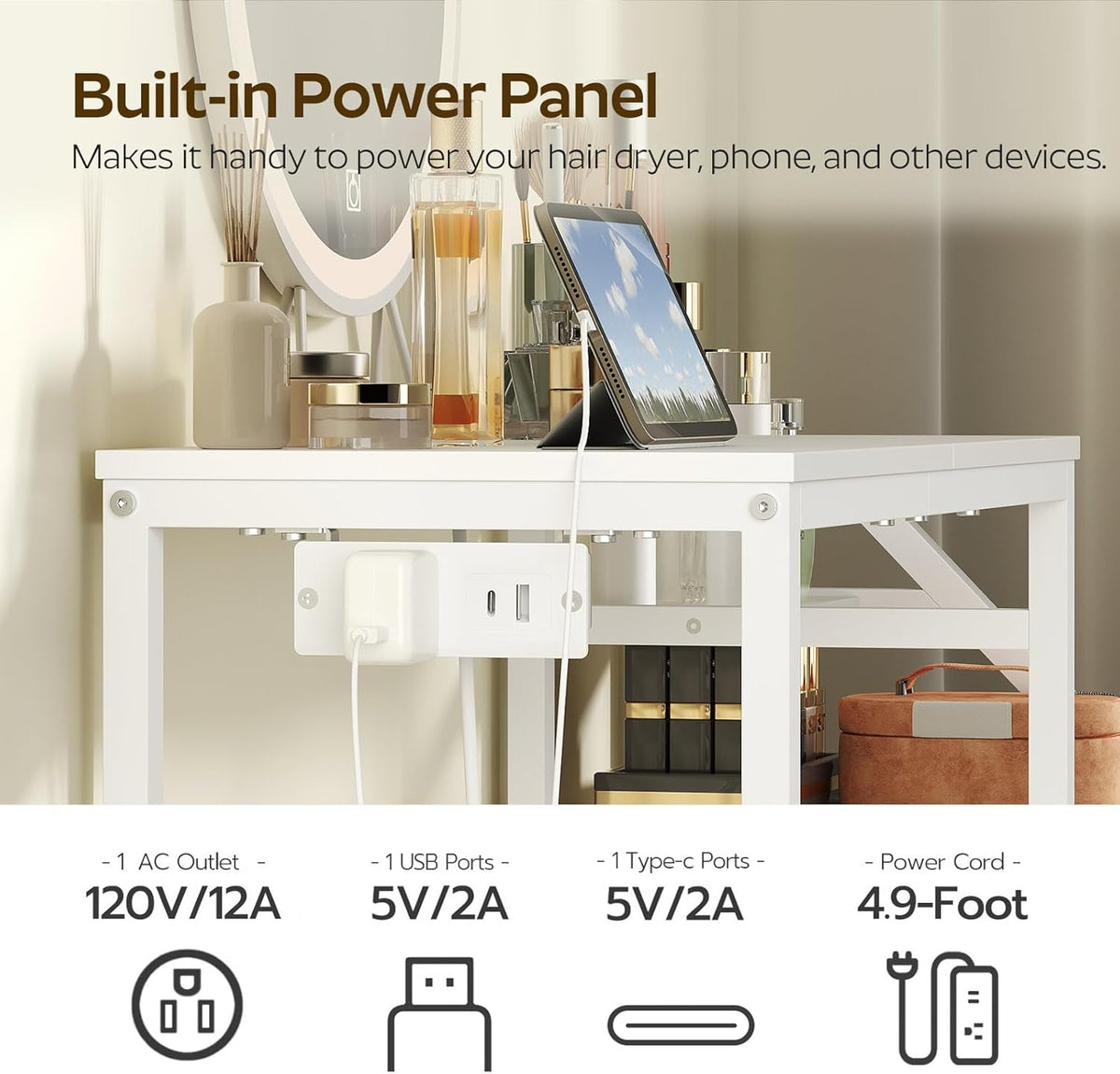 Small Vanity Desk Without Mirror, Makeup Vanity Table with Power Outlet, White Vanity with Fabric Drawers, Dressing Table, for Small Spaces, Bedroom, White
