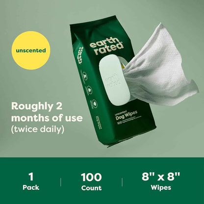 Earth Rated Pet Wipes for Dogs and Cats, Hypoallergenic, Cleaning and Hydrating, for Grooming Paws, Body and Butt, Unscented, 100 Count
