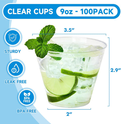 RACETOP 9 oz Clear Plastic Cups 100 packs, Disposable Plastic Party Cups Tumblers, Cocktail Cups, Perfect for Parties, Wedding and Events