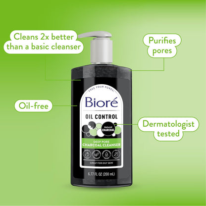 Biore Deep Pore Charcoal Face Wash, Daily Facial Cleanser for Dirt & Makeup Removal, for Oily Skin, 6.77 Oz