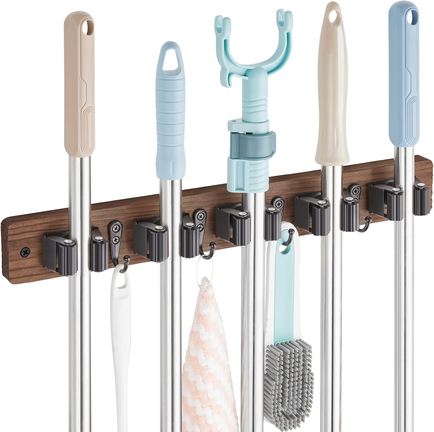 Mop and Broom Holder Wall Mount - Rustic Wood Broom Mop Hanger - Wall Mounted Garden Tool Rack Organizer for Closet Garage Laundry Room Kitchen Decor With 4 Slots & 4 Hooks - Zynora