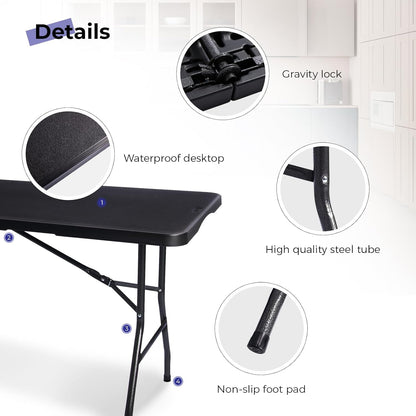 Folding Table 6ft Portable Heavy Duty Plastic Fold-in-Half 6 Foot Foldable Table Utility Dining Indoor Outdoor with Carrying Handle for Camping Picnic and Party, Black