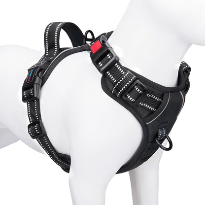 phoepet medium reflective dog harness with handle adjustable 2 metal rings orange