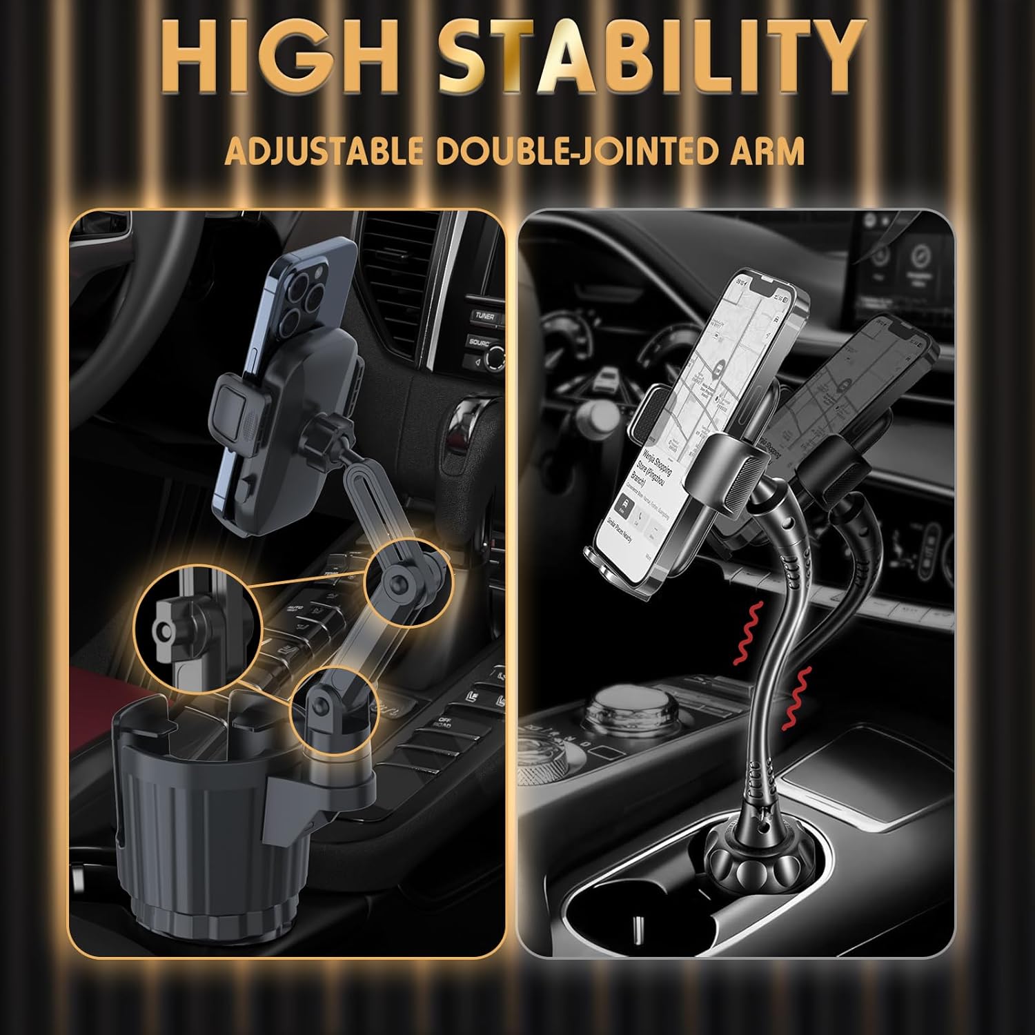 Phone Holders for Your Car, 2 in 1 Universal Cup Holder Expander Adjustable Base with Phone Mount, Long Arm with 360å¡Rotation Cup Holder Phones Mount for Car Compatible with All Smartphones - Zynora