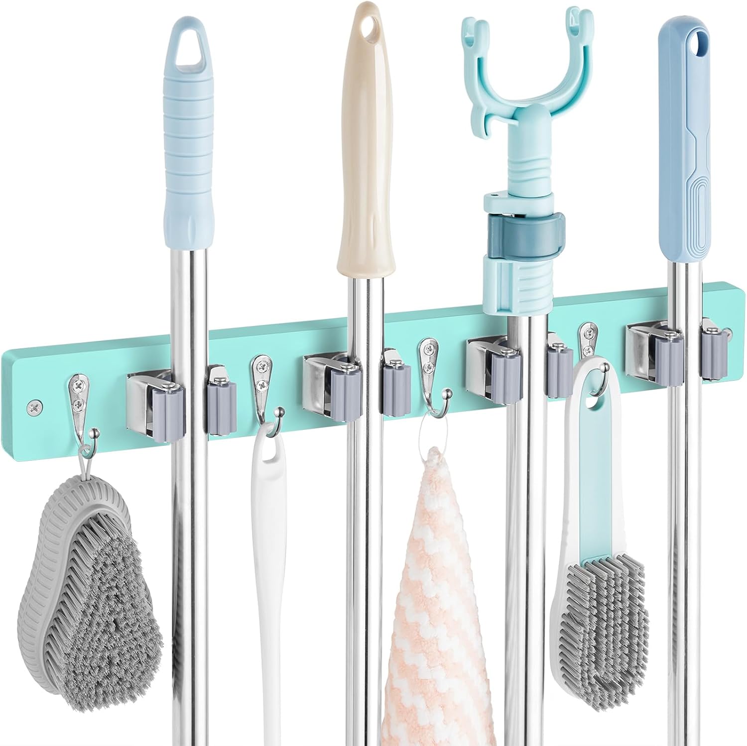 Mop and Broom Holder Wall Mount - Rustic Wood Broom Mop Hanger - Wall Mounted Garden Tool Rack Organizer for Closet Garage Laundry Room Kitchen Decor With 4 Slots & 4 Hooks - Zynora