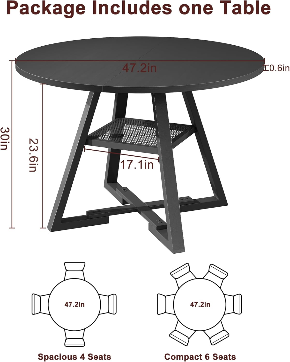 Round Dining Table for 4,Kitchen Dining Room Circle Dinner Pedestal Table,Space Saving Wood Kitchen & Dining Room Furniture (Black, 47In)