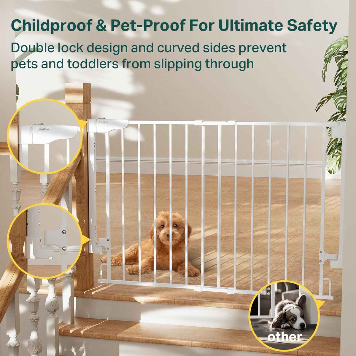 Cumbor 29.2–43" Baby Gate for Stairs, Wall-Mounted (Drill Required), Expandable No Bottom Bar Dog Gate, Auto Close Extra Wide Walk Thru, Pet & Toddler Proof Gate, Top & Bottom of Stairways (White)