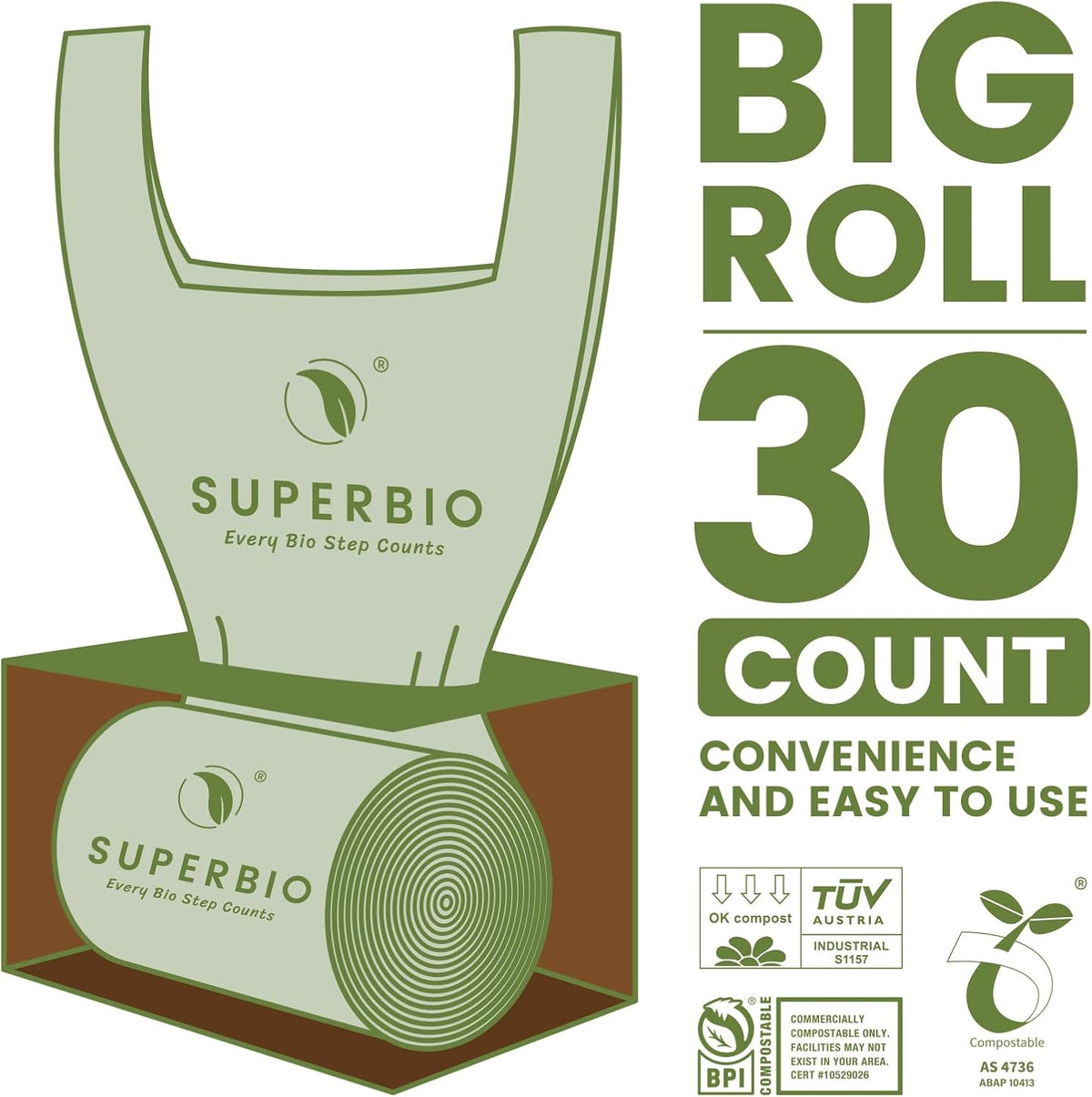 SUPERBIO 13 Gallon Compostable Kitchen Waste Bags with Handles, Food Scrap Bags Certified by BPI, OK compost INDUSTRIAL, 30 Count, 49.2L