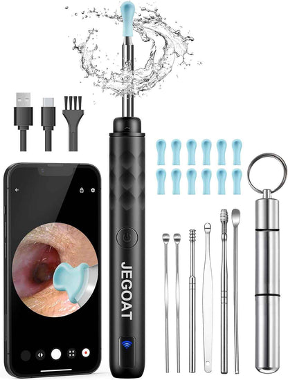 Jegoat Ear Wax Removal, Ear Wax Removal Tool Camera with 1296P HD Camera and 6 LED Lights, Ear Cleaner with 10 Ear Pick, Upgraded Ear Wax Removal Kit for iOS and Android, Black