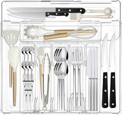 Expandable Silverware Organizers for Kitchen Drawer, Clear Utensil Drawer Organizer Tray, Adjustable Cutlery Flatware Holder for Spoon Fork Knife, Plastic Spatula Tools Gadgets Storage Divider