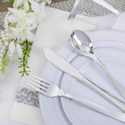 Wellife 700-Piece Silver Plastic Dinnerware Set for 100 Guests, Elegant White and Silver Design