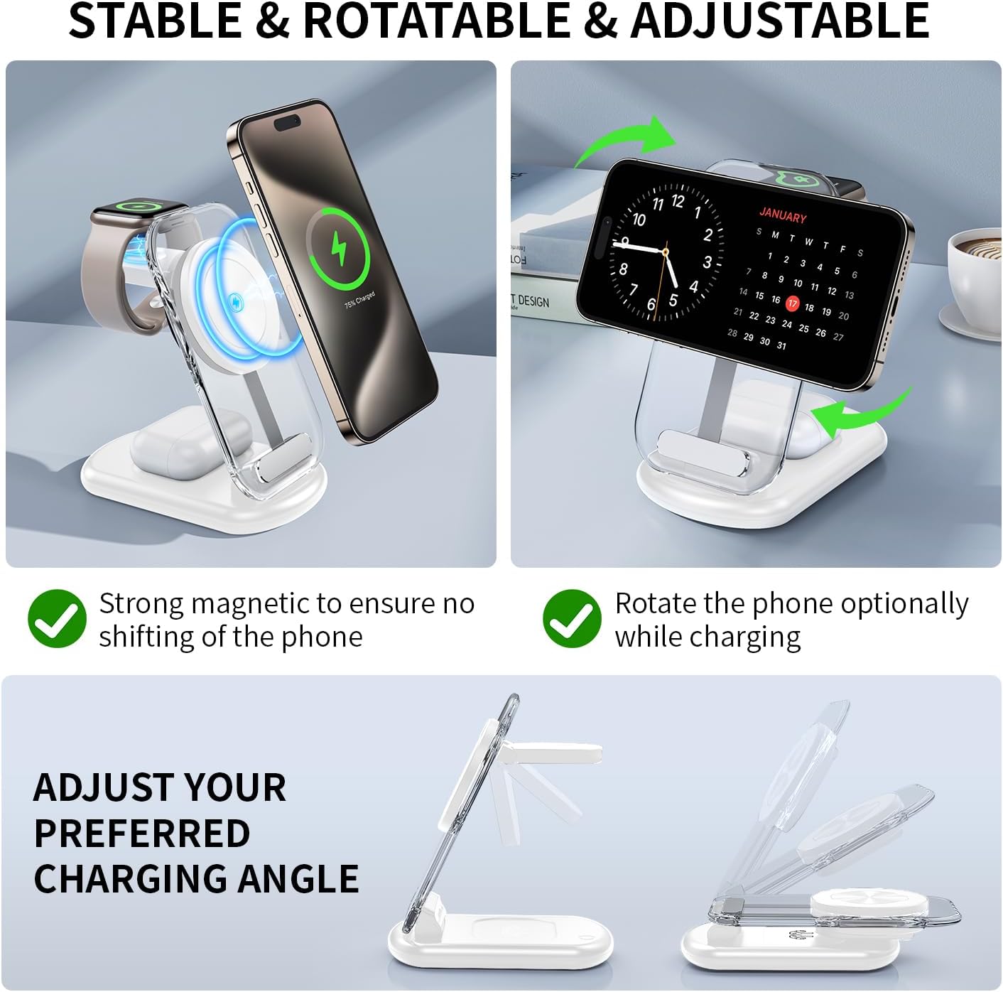 2025 Traveling Wireless Mag-Safe Fast Charging Station,Magnetic 3 in 1 Charger with Light for iPhone 17 16 15 14 13 12 Pro Max Plus,Apple Watch& Air pods 4 3 2 Pro-Gifts for Wife & Husband(White) - Zynora