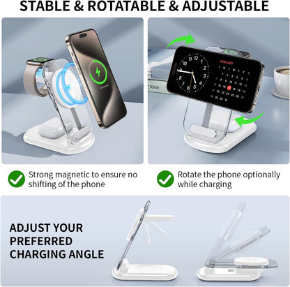 2025 Traveling Wireless Mag-Safe Fast Charging Station,Magnetic 3 in 1 Charger with Light for iPhone 17 16 15 14 13 12 Pro Max Plus,Apple Watch& Air pods 4 3 2 Pro-Gifts for Wife & Husband(White) - Rayz Mart