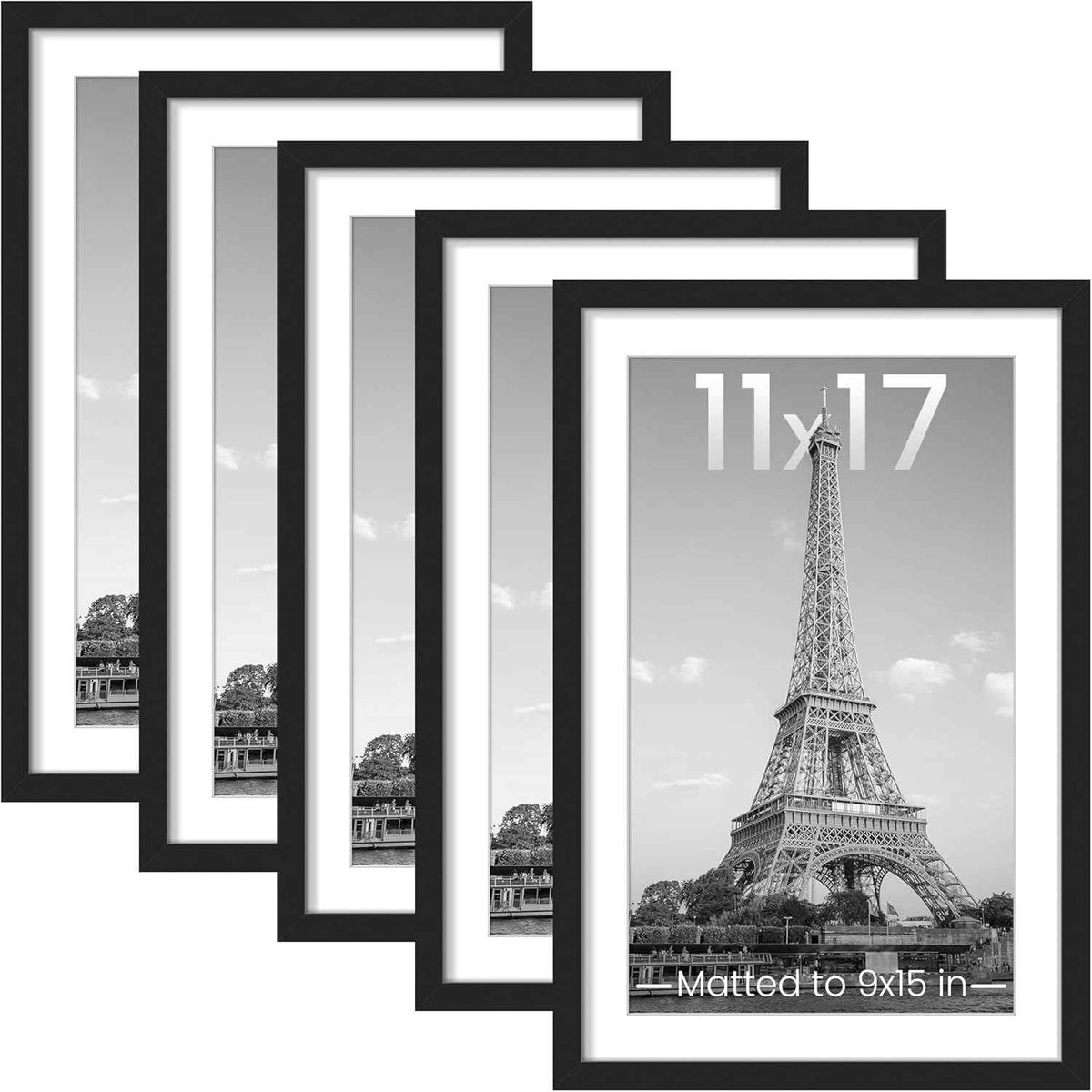 upsimples 11x14 Picture Frame Set of 5, Display Pictures 8x10 with Mat or 11x14 Without Mat, Wall Gallery Photo Frames, Black