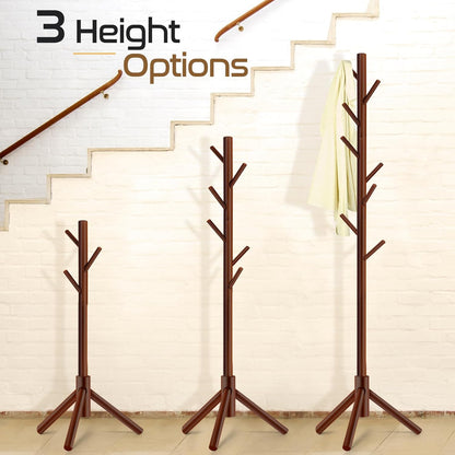 Solid Wooden Coat Rack Freestanding, New Zealand Pine Coat Tree with 8 Hooks & 3 Adjustable Sizes for Coats, Hats, Handbags and Scarves, Space Saving for Entryway/Office/Bedroom (Brown)