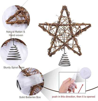Christmas Tree Topper Farmhouse Christmas Decor Christmas Tree Decorations Rattan Natural Christmas Tree Star with 10 Warm LED Lights for Rustic Christmas Ornaments Holiday Seasonal Decoration 10 Inch