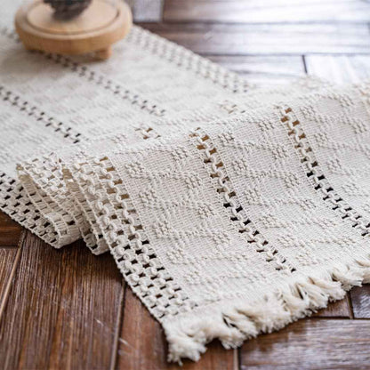 Alynsehom Macrame Hand Woven Cream Beige Boho Table Runner with Tassels 12x71in Cotton Rustic Farmhouse Kitchen Dining