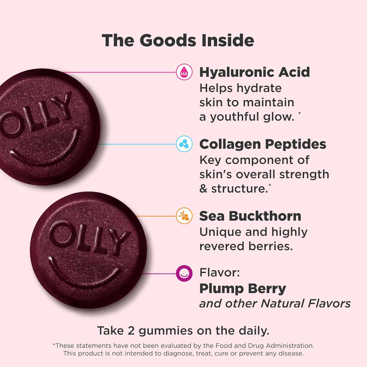 OLLY Glowing Skin Gummy, Hydrated & Youthful Skin,* Hyaluronic Acid, Collagen Peptides, Sea Buckthorn, Plump Berry Flavor, 25 Day Supply - 50 Count
