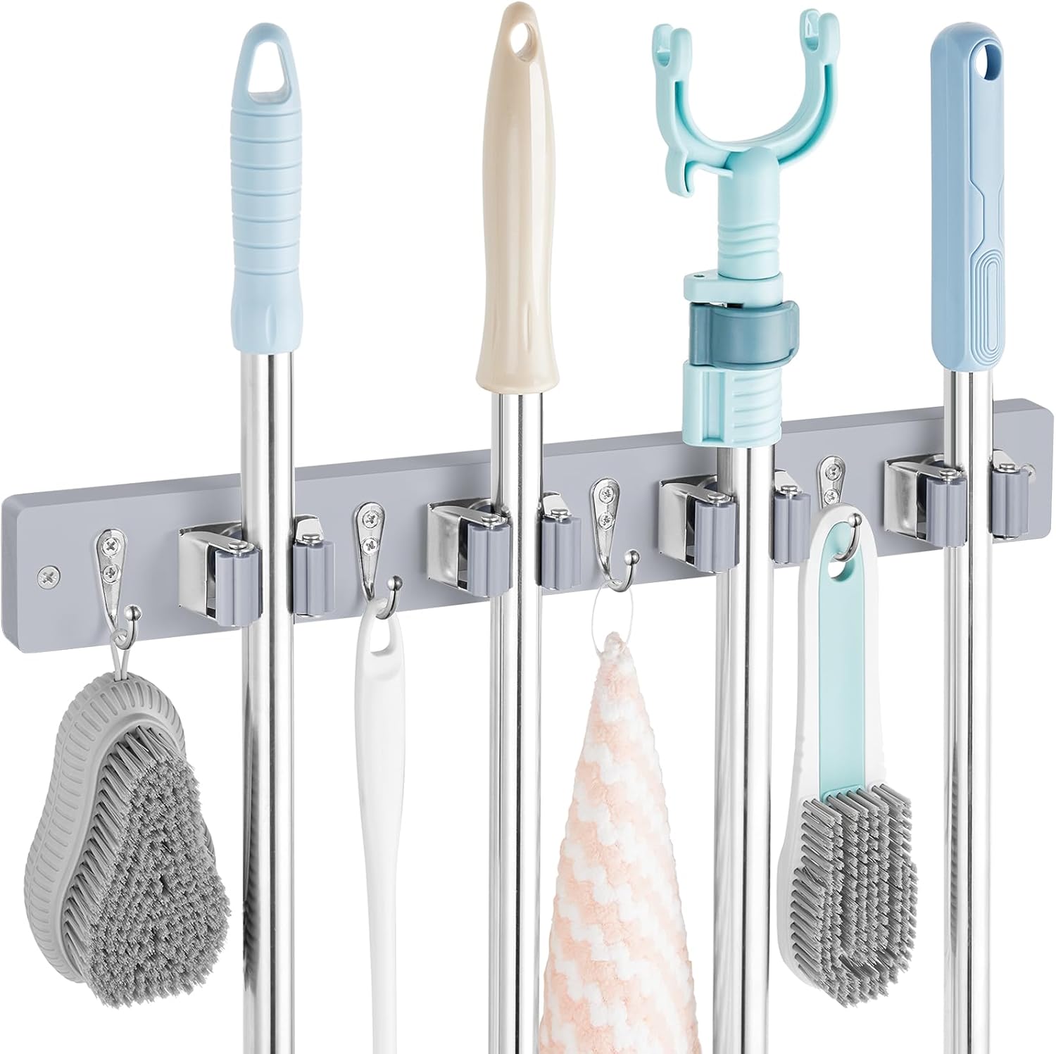 Mop and Broom Holder Wall Mount - Rustic Wood Broom Mop Hanger - Wall Mounted Garden Tool Rack Organizer for Closet Garage Laundry Room Kitchen Decor With 4 Slots & 4 Hooks - Zynora