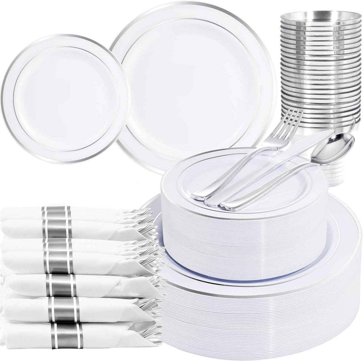 WELLIFE 700 Pieces Silver Plastic Dinnerware Set for 100 Guests - Includes Plates, Cups, Napkins, and Disposable Cutlery - Elegant White & Silver Design, Perfect for Parties and Events